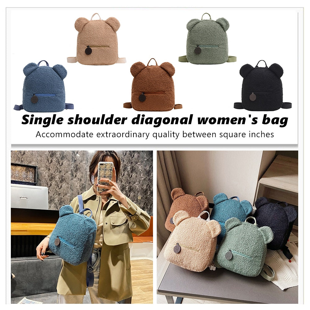 Portable Children Travel Shopping Rucksacks Casual Autumn Winter Lamb Fleece Women's Bagpack Cute Bear Shaped Shoulder Backpack