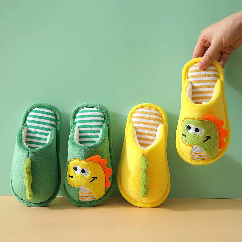 Autumn Winter Non-Slip Warm Children Slippers Indoor Cartoon Dinosaur Girl Shoes Soft Sole Baby Boys Fuzzy Slip-On Home Slippers 秋冬毛絨防滑保暖兒童拖鞋 (卡通恐龍系列)