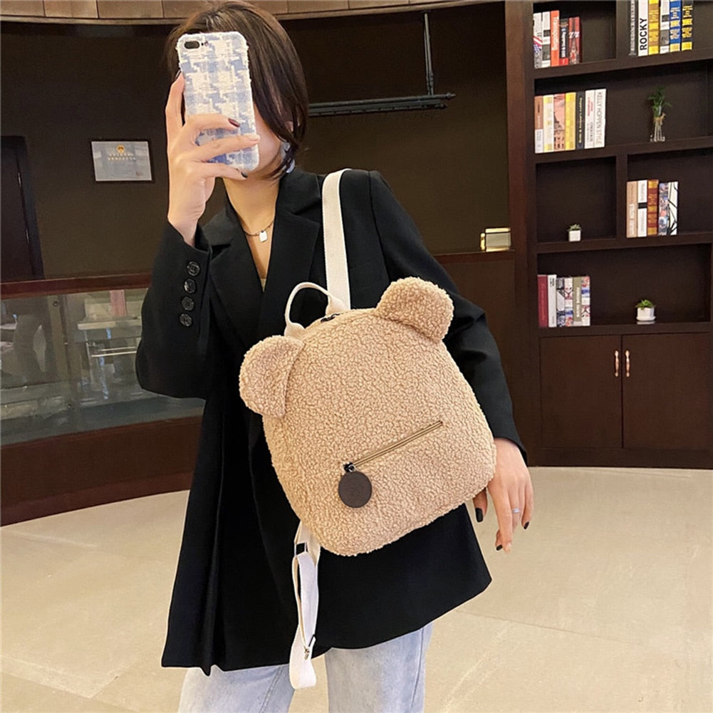 Portable Children Travel Shopping Rucksacks Casual Autumn Winter Lamb Fleece Women's Bagpack Cute Bear Shaped Shoulder Backpack