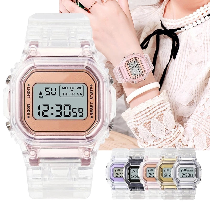 New Fashion Transparent Digital Watch Square Women Watches Sports Electronic Wrist Watch