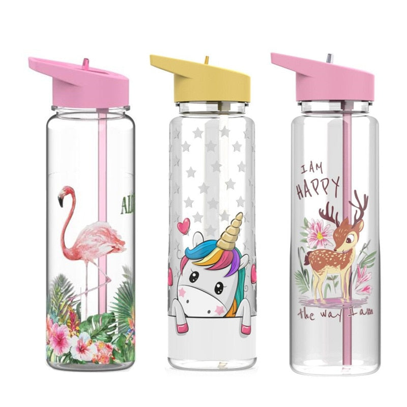Bpa Free 750ml 100%Tritan Sports Outdoor Straw Water Bottle With Flamingos Printing My Drink Juice Handle The Unicorn Kettle