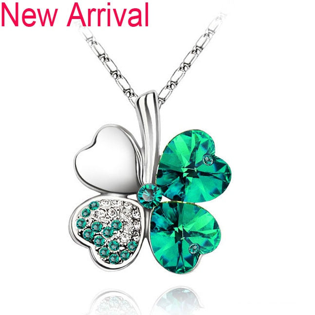 12 Color Fashion Austrian Crystal Four Leaf Leaves Clover Heart Rhinestones Necklace Pendant for Women White Gold Color Jewelry 時尚奧地利水晶四葉草心形水鑽項鍊吊墜