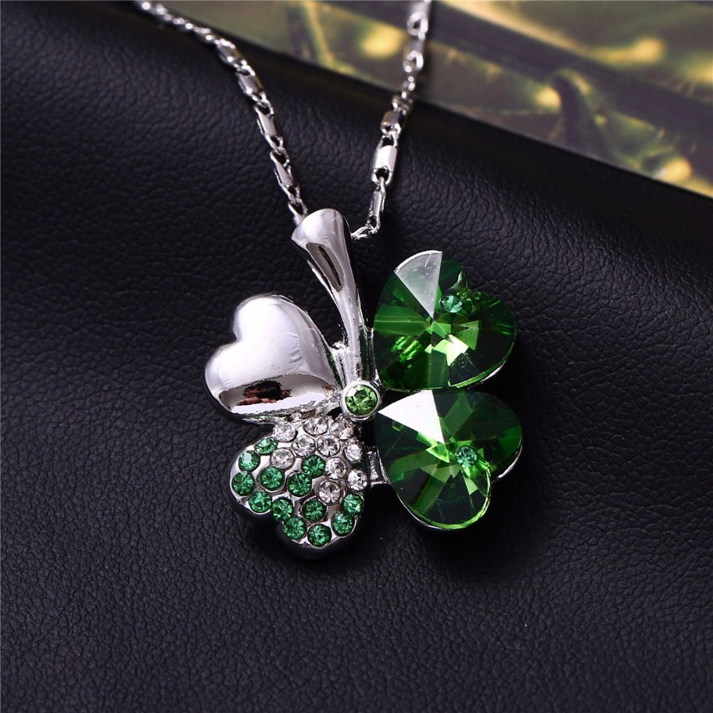 12 Color Fashion Austrian Crystal Four Leaf Leaves Clover Heart Rhinestones Necklace Pendant for Women White Gold Color Jewelry 時尚奧地利水晶四葉草心形水鑽項鍊吊墜