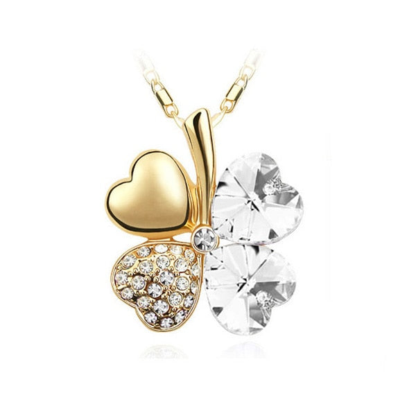 12 Color Fashion Austrian Crystal Four Leaf Leaves Clover Heart Rhinestones Necklace Pendant for Women White Gold Color Jewelry 時尚奧地利水晶四葉草心形水鑽項鍊吊墜