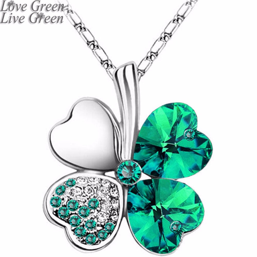 12 Color Fashion Austrian Crystal Four Leaf Leaves Clover Heart Rhinestones Necklace Pendant for Women White Gold Color Jewelry 時尚奧地利水晶四葉草心形水鑽項鍊吊墜