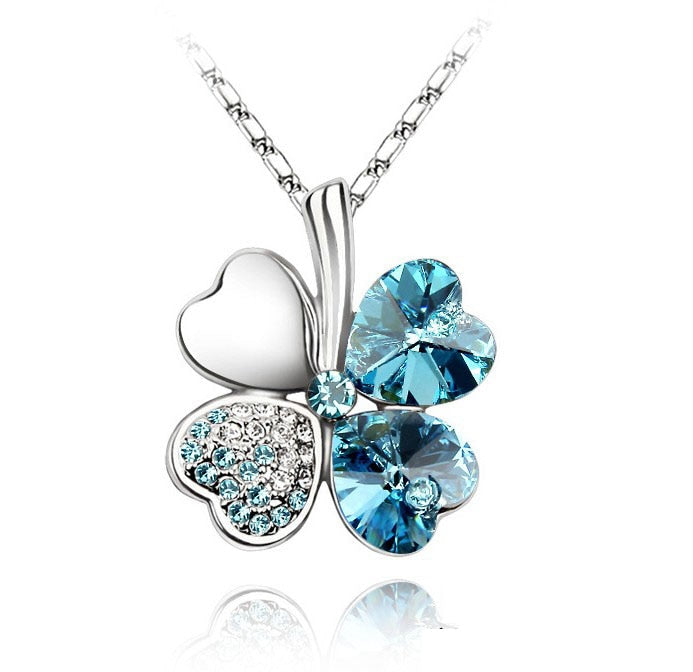 12 Color Fashion Austrian Crystal Four Leaf Leaves Clover Heart Rhinestones Necklace Pendant for Women White Gold Color Jewelry 時尚奧地利水晶四葉草心形水鑽項鍊吊墜