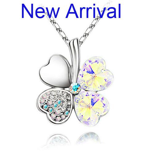 12 Color Fashion Austrian Crystal Four Leaf Leaves Clover Heart Rhinestones Necklace Pendant for Women White Gold Color Jewelry 時尚奧地利水晶四葉草心形水鑽項鍊吊墜