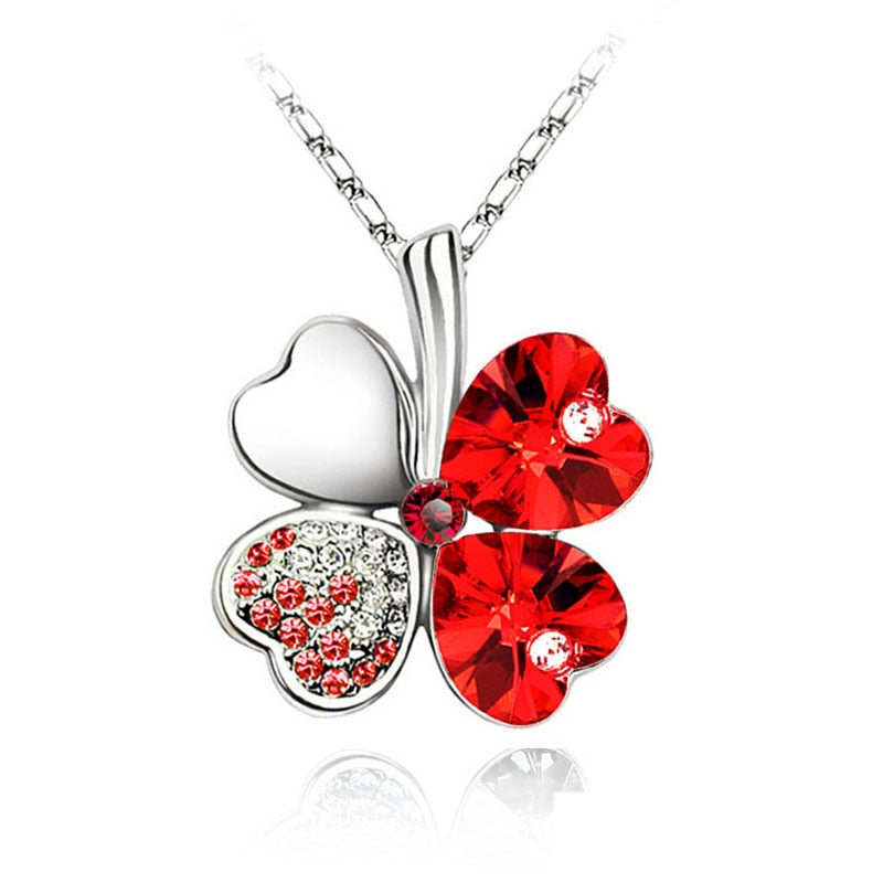 12 Color Fashion Austrian Crystal Four Leaf Leaves Clover Heart Rhinestones Necklace Pendant for Women White Gold Color Jewelry 時尚奧地利水晶四葉草心形水鑽項鍊吊墜