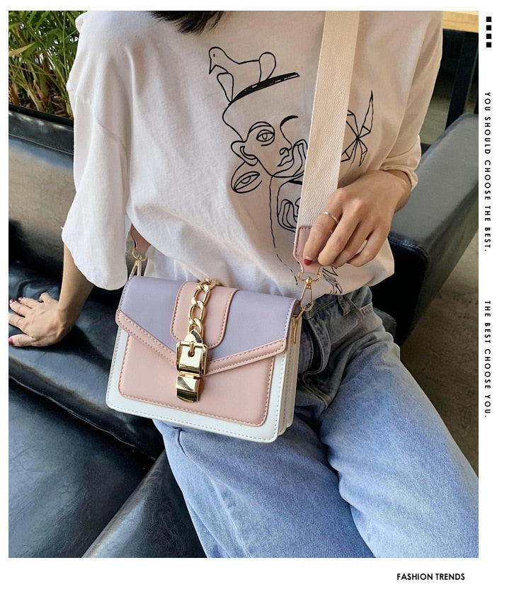Fashion chain lady Sling bag Panelled color PU Leather Crossbody Bag For Women 2022 new Wide strap Shoulder Messenger Bag Ladies 時尚皮革鏈條寬肩單肩包