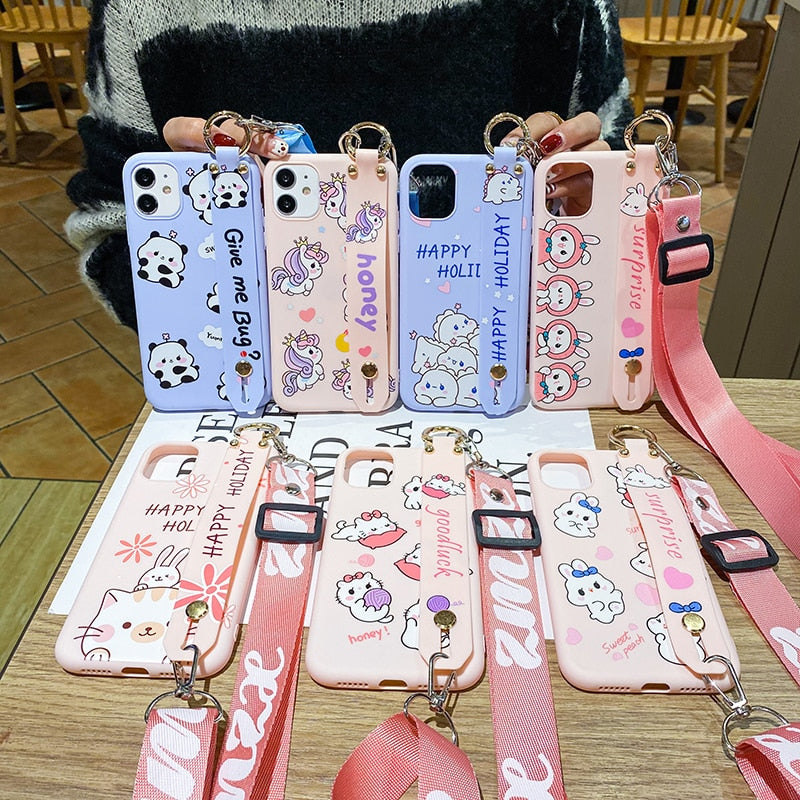 Phone Holder Case For iPhone 12 7 8 6 6S Plus X XS XR XS Max 11 11Pro Max Girl cute phone Cat Rabbit Wrist Strap Case