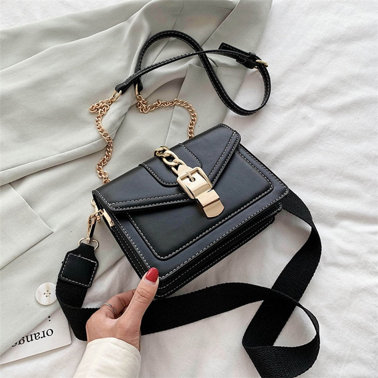 Fashion chain lady Sling bag Panelled color PU Leather Crossbody Bag For Women 2022 new Wide strap Shoulder Messenger Bag Ladies 時尚皮革鏈條寬肩單肩包