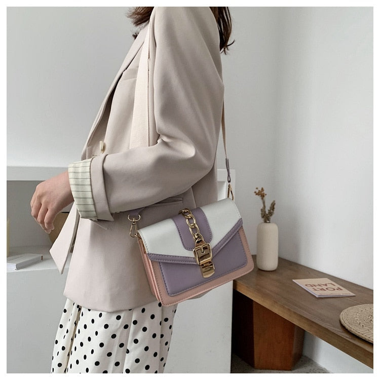 Fashion chain lady Sling bag Panelled color PU Leather Crossbody Bag For Women 2022 new Wide strap Shoulder Messenger Bag Ladies 時尚皮革鏈條寬肩單肩包