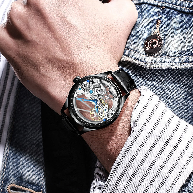 Men's Sports Watch Hollow Machinery Top Brand Men's Leather Watch Trend Luminous Waterproof 2020 New 雕刻機芯雙面運動型手錶