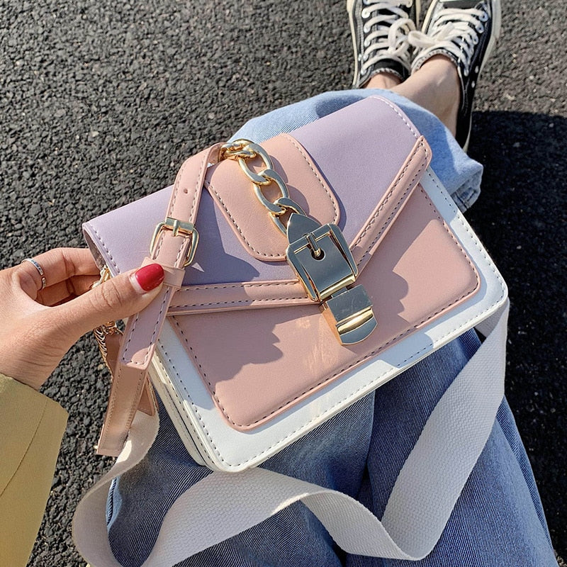 Fashion chain lady Sling bag Panelled color PU Leather Crossbody Bag For Women 2022 new Wide strap Shoulder Messenger Bag Ladies 時尚皮革鏈條寬肩單肩包