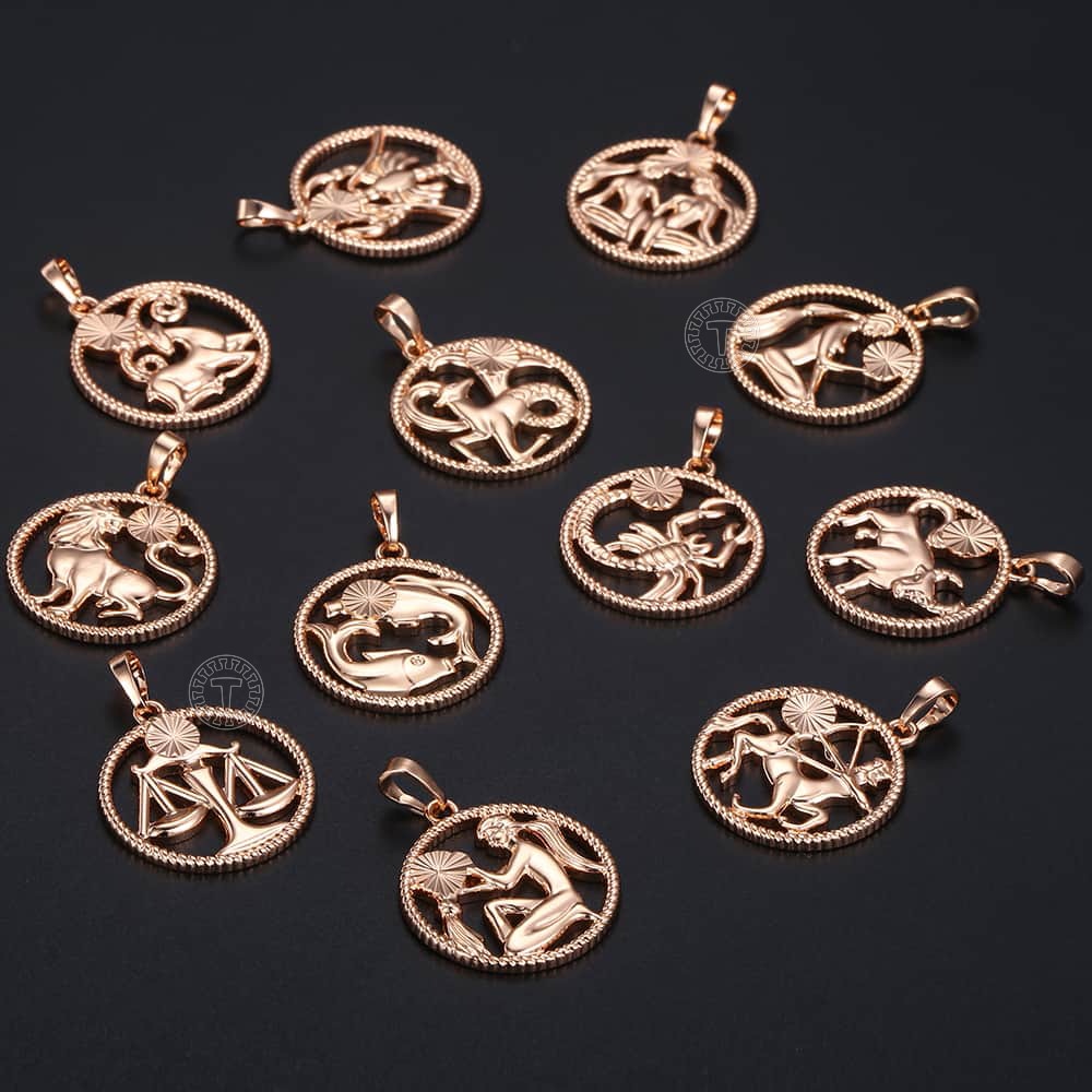 Zodiac Sign 12 Constellation Pendant Necklace 585 Rose Gold Color Horoscope Necklace Mens Chain Gift Fashion Jewelry GPM21 時尚12星座玫瑰金吊墜