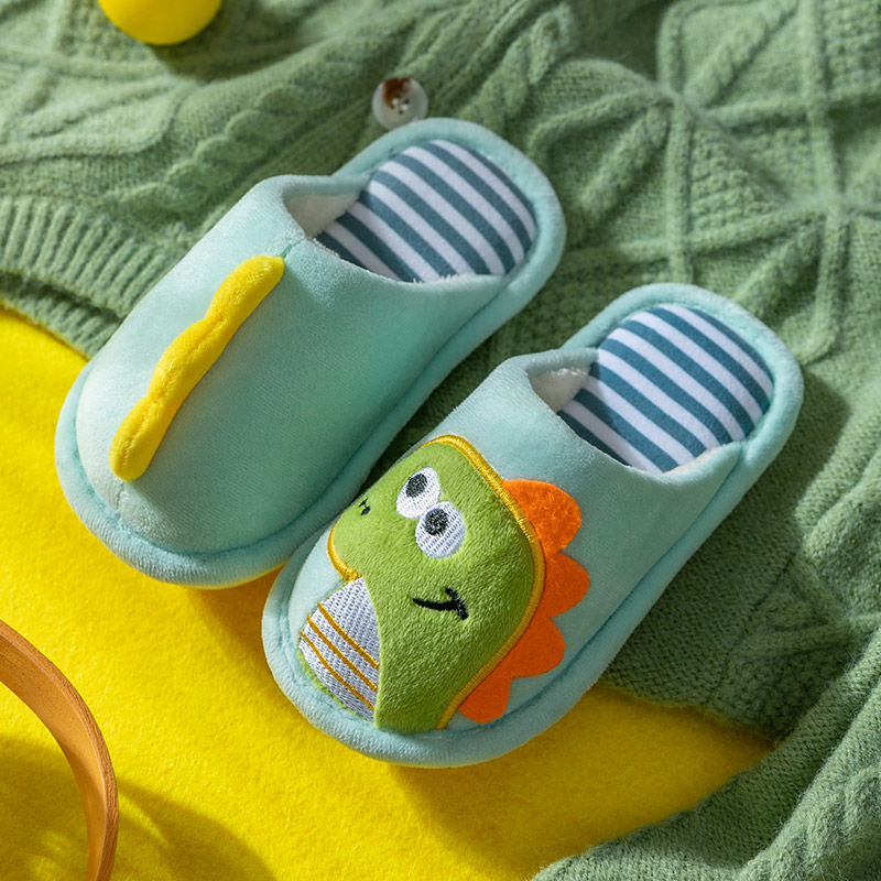 Autumn Winter Non-Slip Warm Children Slippers Indoor Cartoon Dinosaur Girl Shoes Soft Sole Baby Boys Fuzzy Slip-On Home Slippers 秋冬毛絨防滑保暖兒童拖鞋 (卡通恐龍系列)