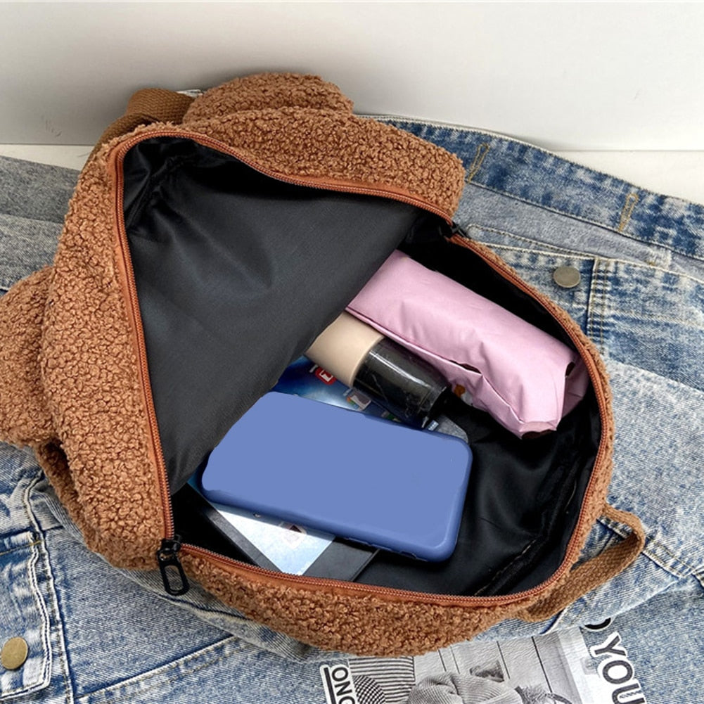 Portable Children Travel Shopping Rucksacks Casual Autumn Winter Lamb Fleece Women's Bagpack Cute Bear Shaped Shoulder Backpack
