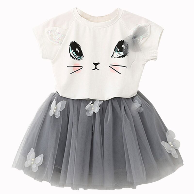 Summer Baby Girls Princess Dress 2pcs Set (Cute Cartoon Cat Print T-shirt Top+Mesh Tutu Skirt Toddler Kids Outfits Clothes) 夏季女嬰公主裙 2 件套裝(可愛卡通印花 T 恤 + 網眼芭蕾舞短裙兒童服裝)