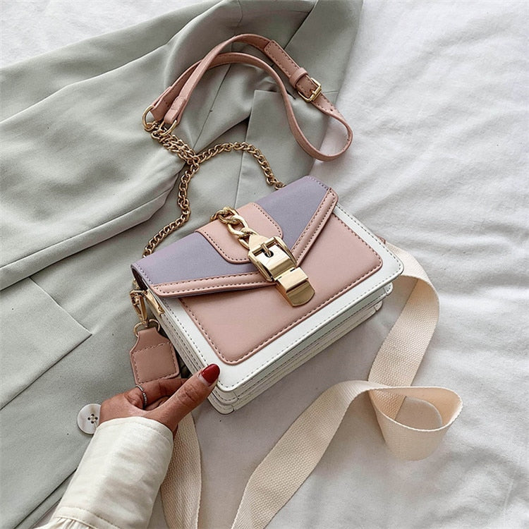 Fashion chain lady Sling bag Panelled color PU Leather Crossbody Bag For Women 2022 new Wide strap Shoulder Messenger Bag Ladies 時尚皮革鏈條寬肩單肩包