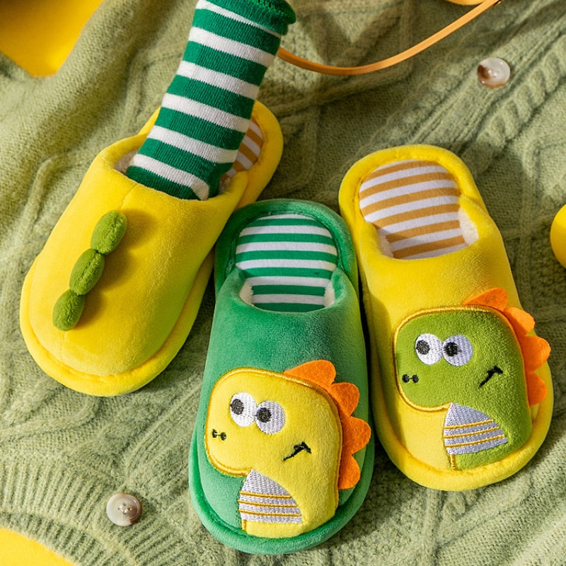 Autumn Winter Non-Slip Warm Children Slippers Indoor Cartoon Dinosaur Girl Shoes Soft Sole Baby Boys Fuzzy Slip-On Home Slippers 秋冬毛絨防滑保暖兒童拖鞋 (卡通恐龍系列)