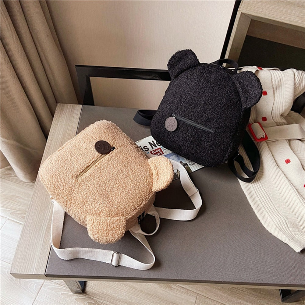 Portable Children Travel Shopping Rucksacks Casual Autumn Winter Lamb Fleece Women's Bagpack Cute Bear Shaped Shoulder Backpack