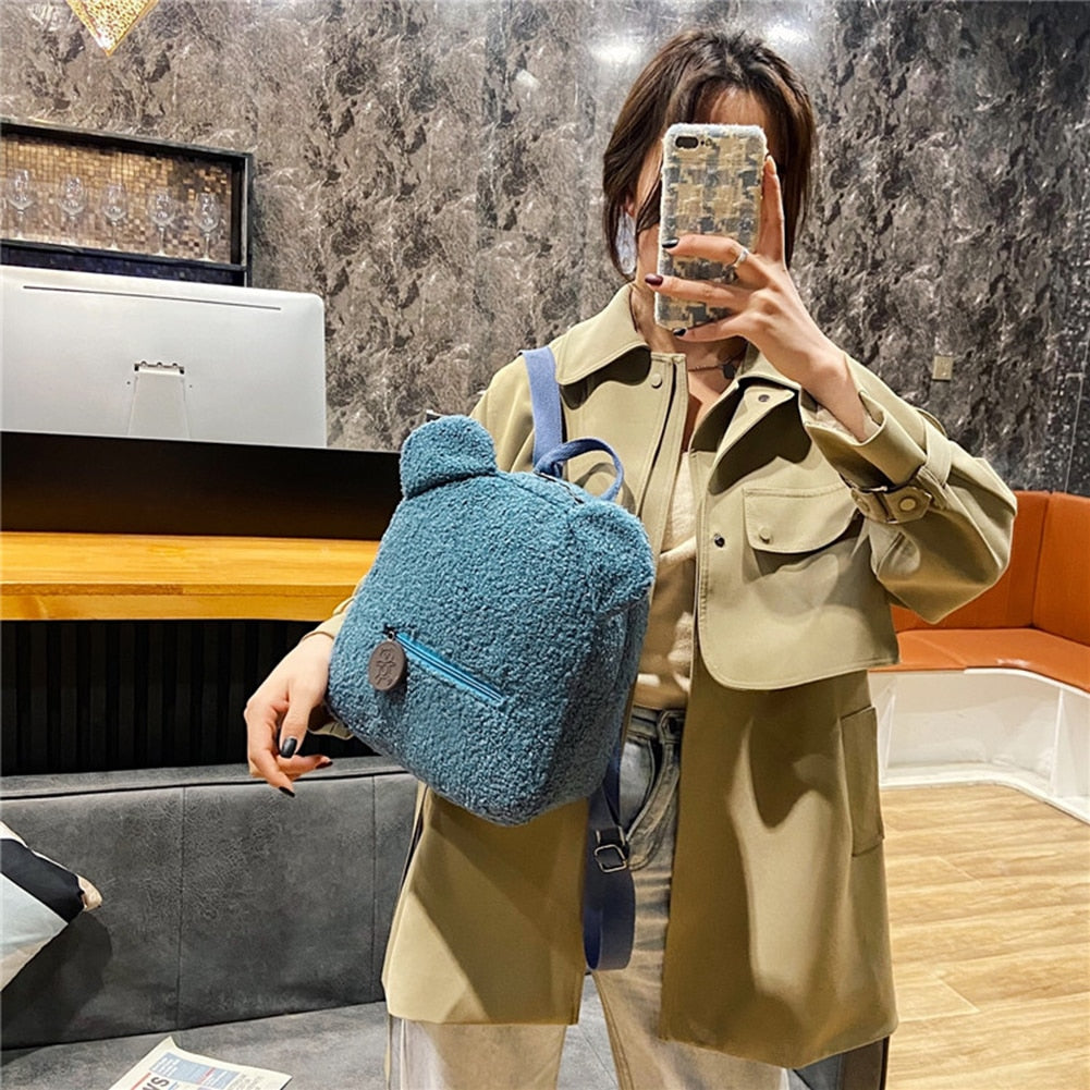 Portable Children Travel Shopping Rucksacks Casual Autumn Winter Lamb Fleece Women's Bagpack Cute Bear Shaped Shoulder Backpack