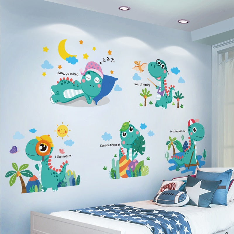 Cartoon Dinosaur Wall Stickers DIY Animal Mural Decals for Kids Rooms Baby Bedroom Nursery Home Decoration
