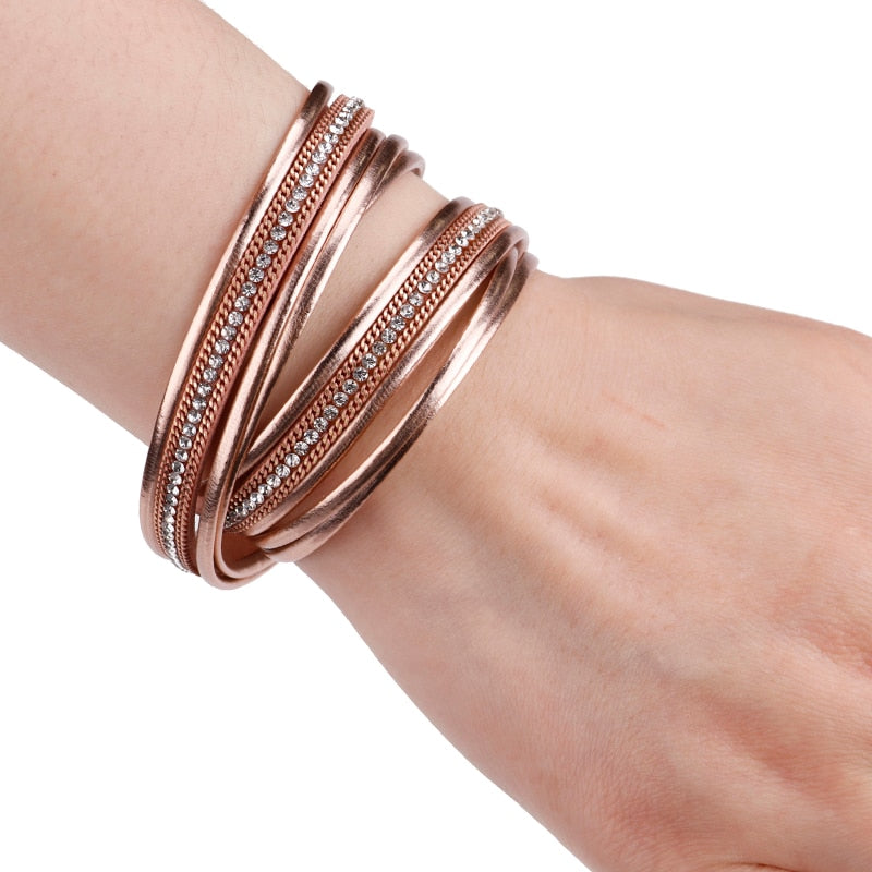 Multilayer Rhinestone Crysta Leather Bracelet Female Trendy Femme Double Wrap Bracelets & Bangles For Women Jewelry 時尚多層水鑽水晶雙環繞式皮革手鍊