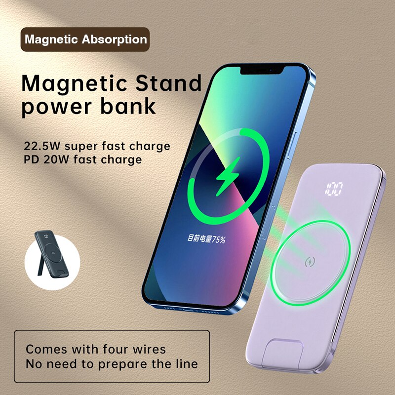 Power Bank 20000mah Fast Charging Magnetic Wireless Charging PD 20W Powerbank with Bracket Phone Holder Built in Cables