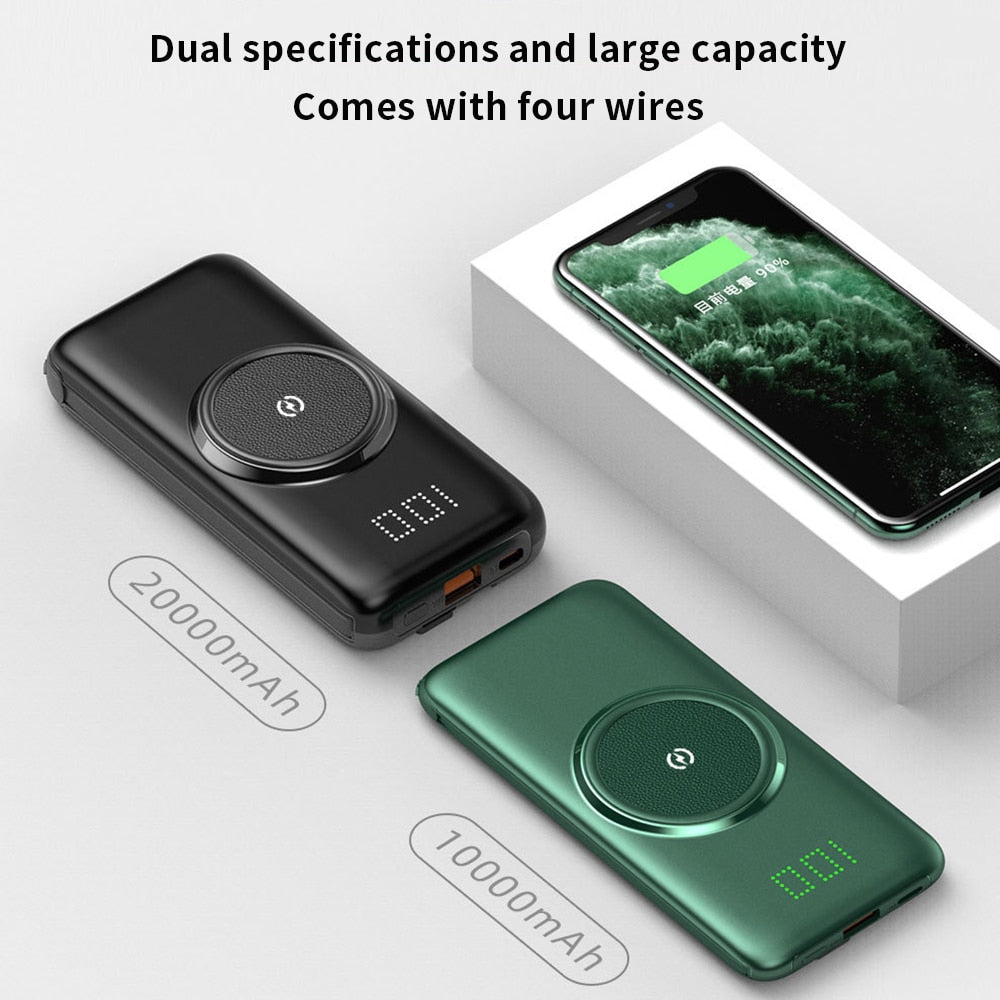 20000mAh Wireless Charger Power Bank Built-in 4 Cables 10000mAh Powerbank Portable External Battery Charger For iPhone