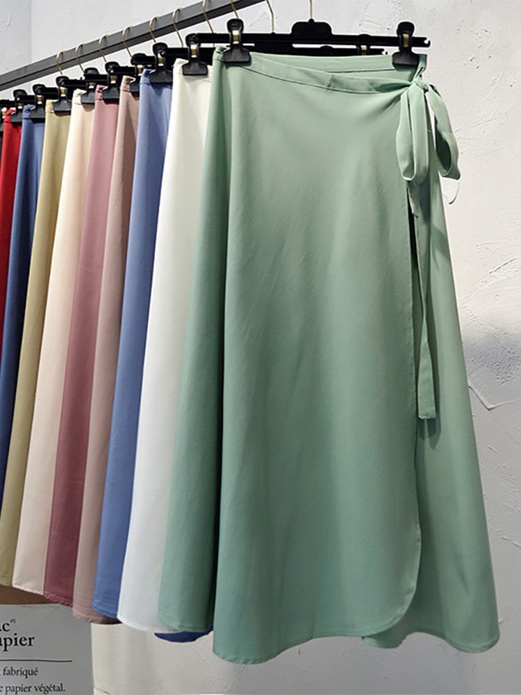 Summer Skirts Womens 2022 New High Waist Side Tie Beach Casual Wrap Skirt Women Solid Elegant Midi Skirt Woman Clothes 夏季高腰休閒半身裙