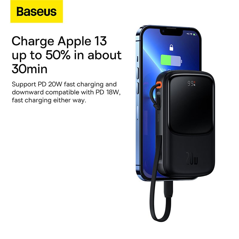 Power Bank Fast Charging with Built-in Cable, Digital Display Battery Capacity, 22.5W For Type-C Phone, 20W For iPhone