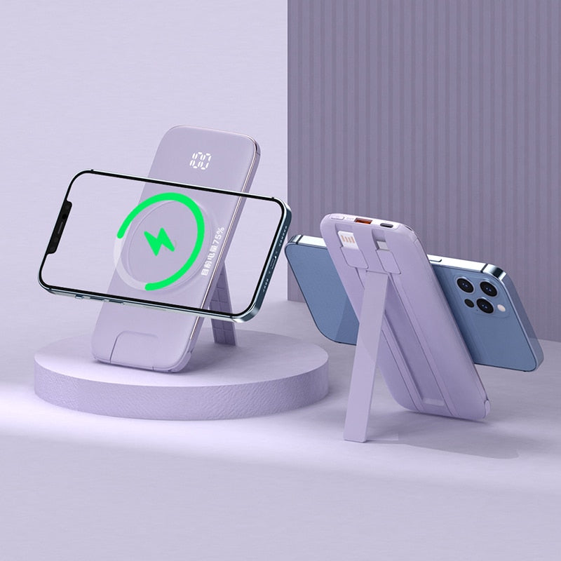 Power Bank 20000mah Fast Charging Magnetic Wireless Charging PD 20W Powerbank with Bracket Phone Holder Built in Cables