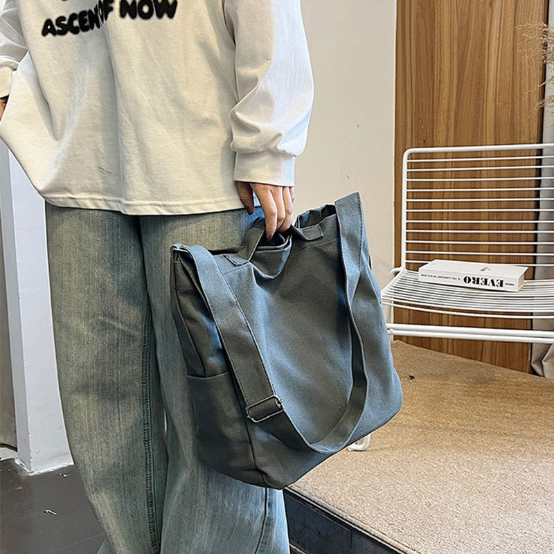 Women Handbags Big Capacity Shoulder Bags Black/Khaki/White/Gray Solid Color Canvas Bags Large Tote Unisex Girls Boys School Bag 女士大容量單肩手提包