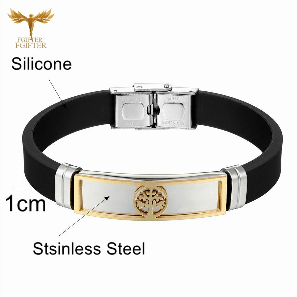 Tree Of Life Bracelets Summer Washable Rubber Bangles Women Men Wrist Jewelry Black Silicone Belt Stainless Steel Cuff Accessory 生命之樹黑色矽膠帶不銹鋼手鍊