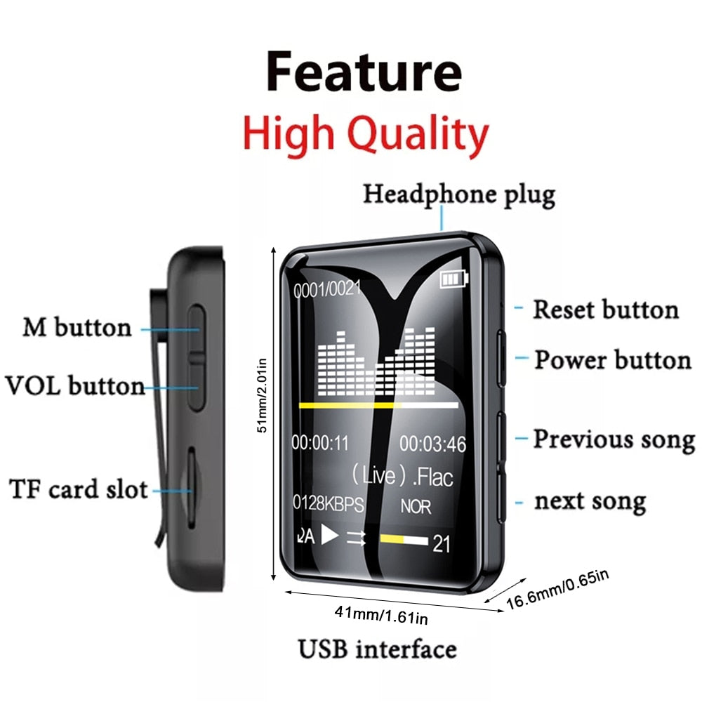 New Full Screen Bluetooth-Compatible 5.0 Mp4 Video Player Portable Sport Stereo Music MP3 Player FM Radio E-book Audio Recording