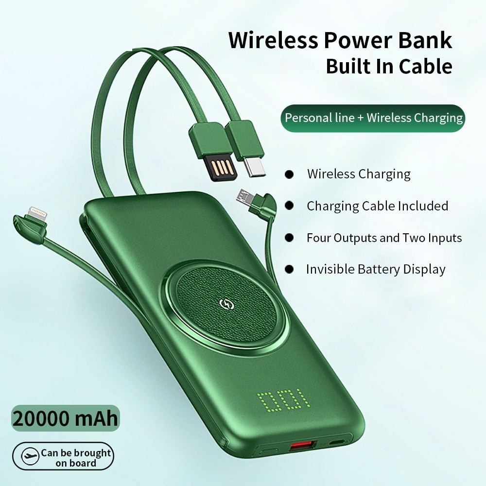 20000mAh Wireless Charger Power Bank Built-in 4 Cables 10000mAh Powerbank Portable External Battery Charger For iPhone
