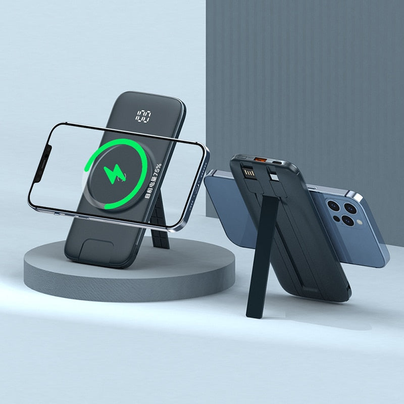 Power Bank 20000mah Fast Charging Magnetic Wireless Charging PD 20W Powerbank with Bracket Phone Holder Built in Cables