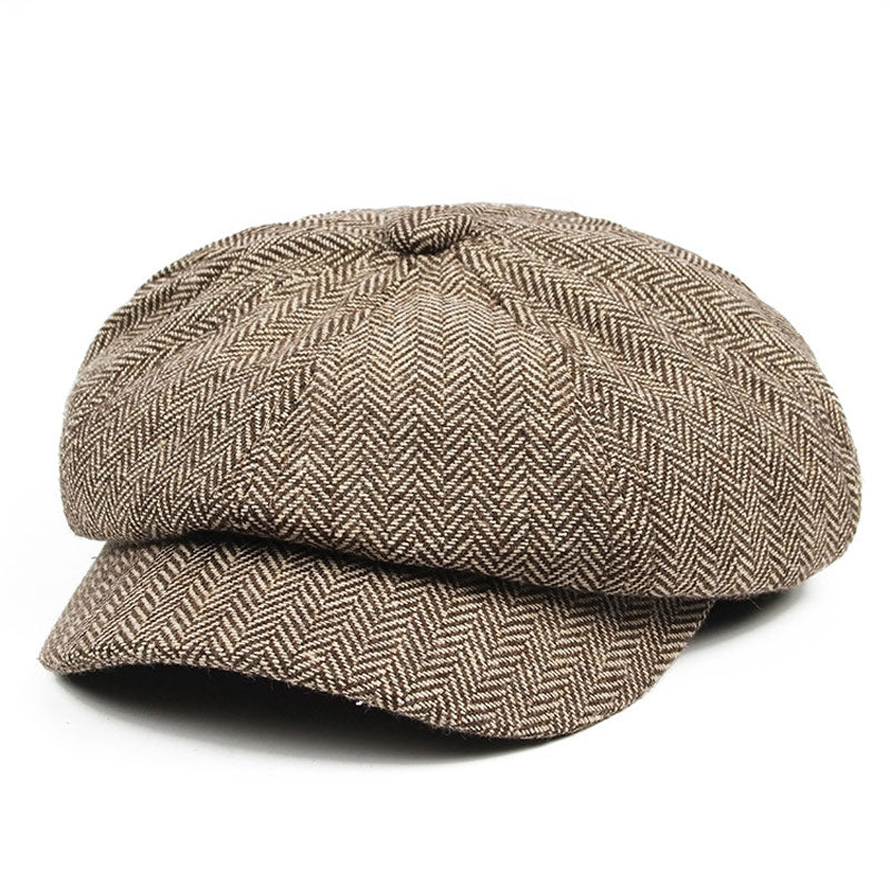 Vintage Style Men's Panel Tweed Newsboy Caps Formfitting Driving Hat Khaki Gray 復古風格斜紋報童帽