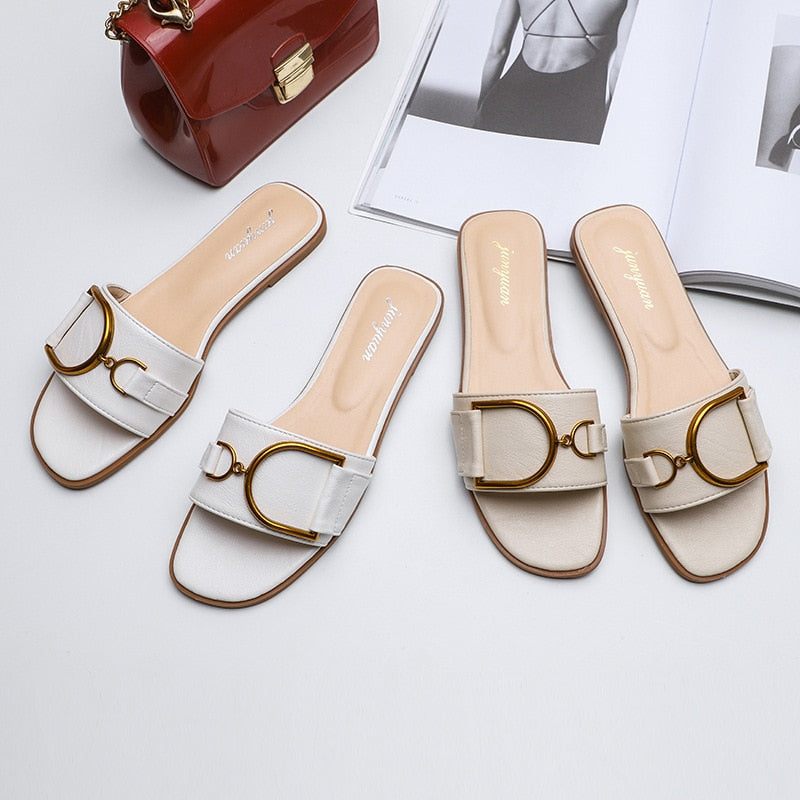 New Womens Slippers Leather Square Toe Flats Flip Flops Ladies Slides Summer Sandals Woman Flat Shoes Zapatos Fashion 新款時尚女裝皮革方頭平底拖鞋