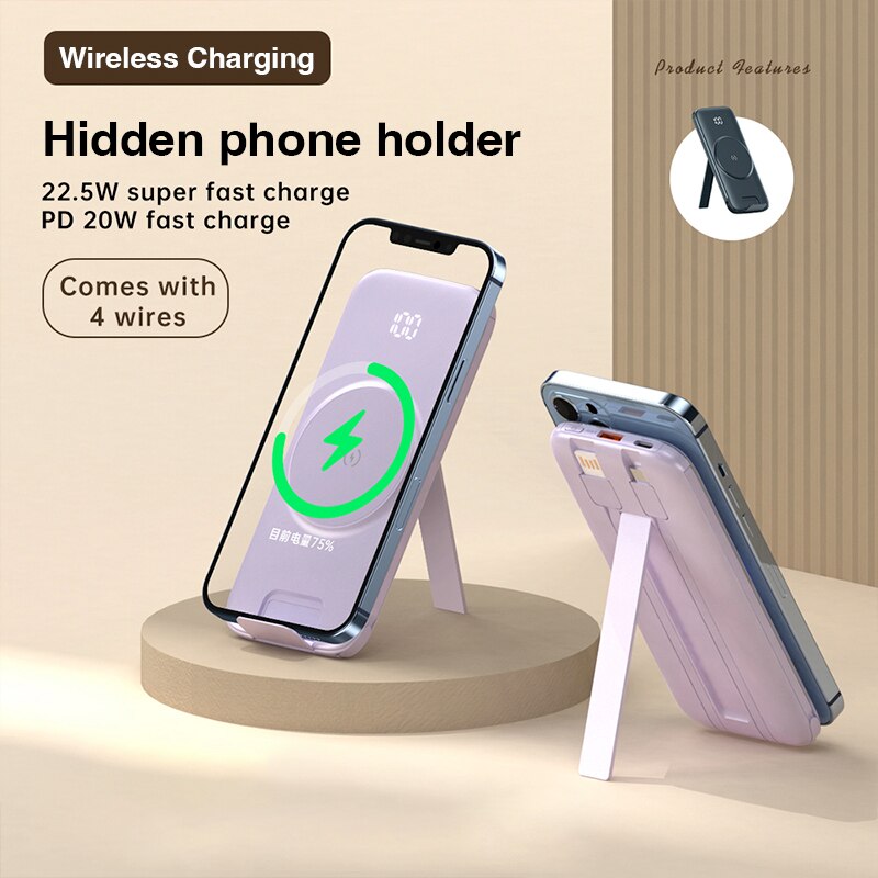Power Bank 20000mah Fast Charging Magnetic Wireless Charging PD 20W Powerbank with Bracket Phone Holder Built in Cables