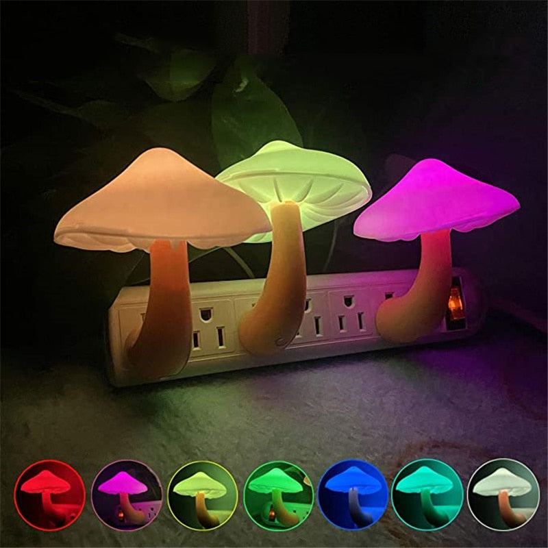 LED Night Lights Mushroom Shape Wall Lamps Automatic Sensor Socket Lamp Light-control Sensor Bedroom Decor Lighting EU US Plug LED蘑菇形自動感應小夜燈