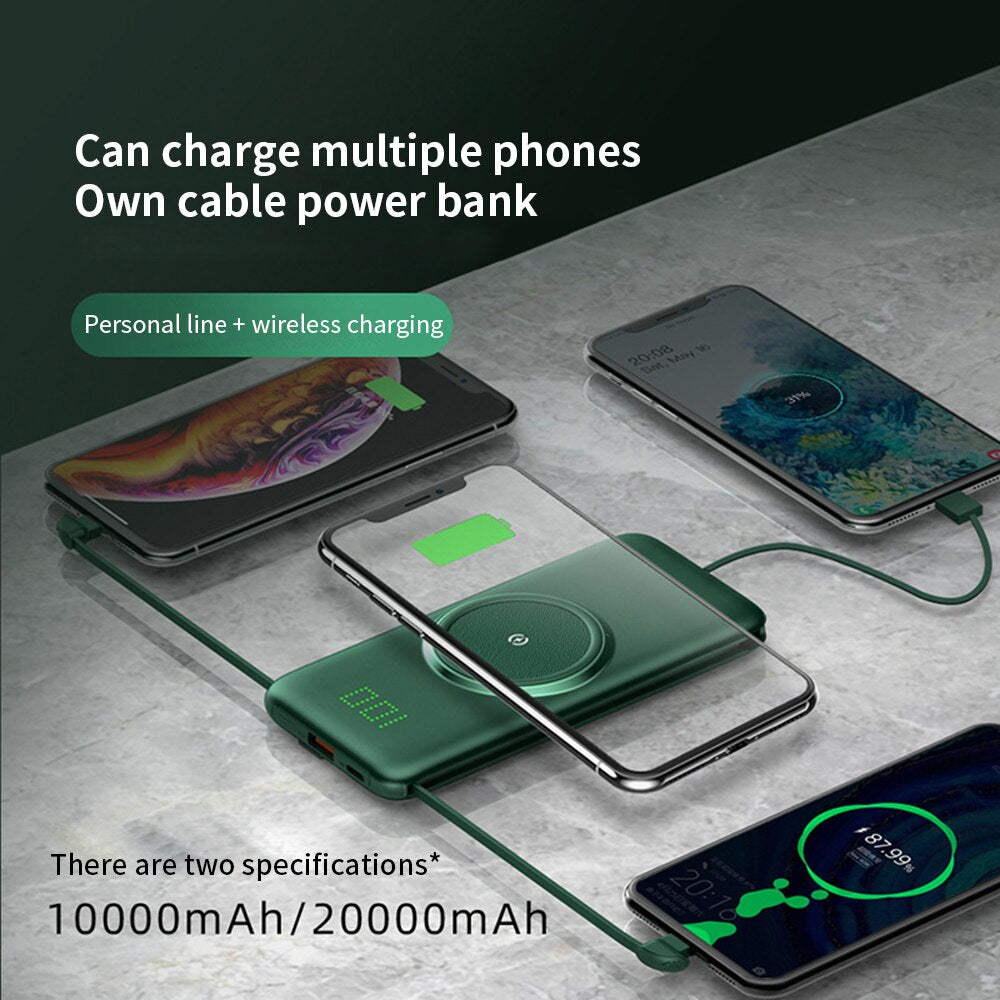 20000mAh Wireless Charger Power Bank Built-in 4 Cables 10000mAh Powerbank Portable External Battery Charger For iPhone