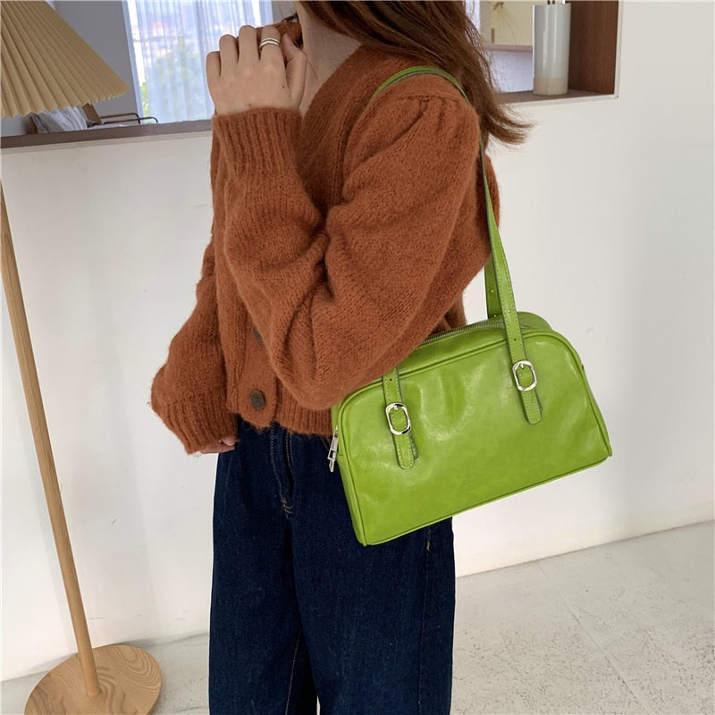 Fashion Women Green Big Shoulder Bags PU Leather Female Purse Handbags Large Capacity Ladies Daily Small Casual Tote 時尚皮革大單肩包