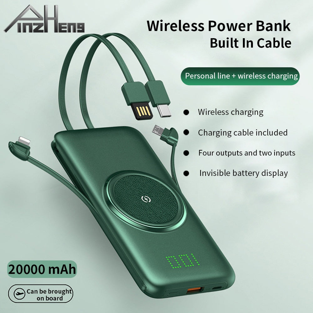 20000mAh Wireless Charger Power Bank Built-in 4 Cables 10000mAh Powerbank Portable External Battery Charger For iPhone