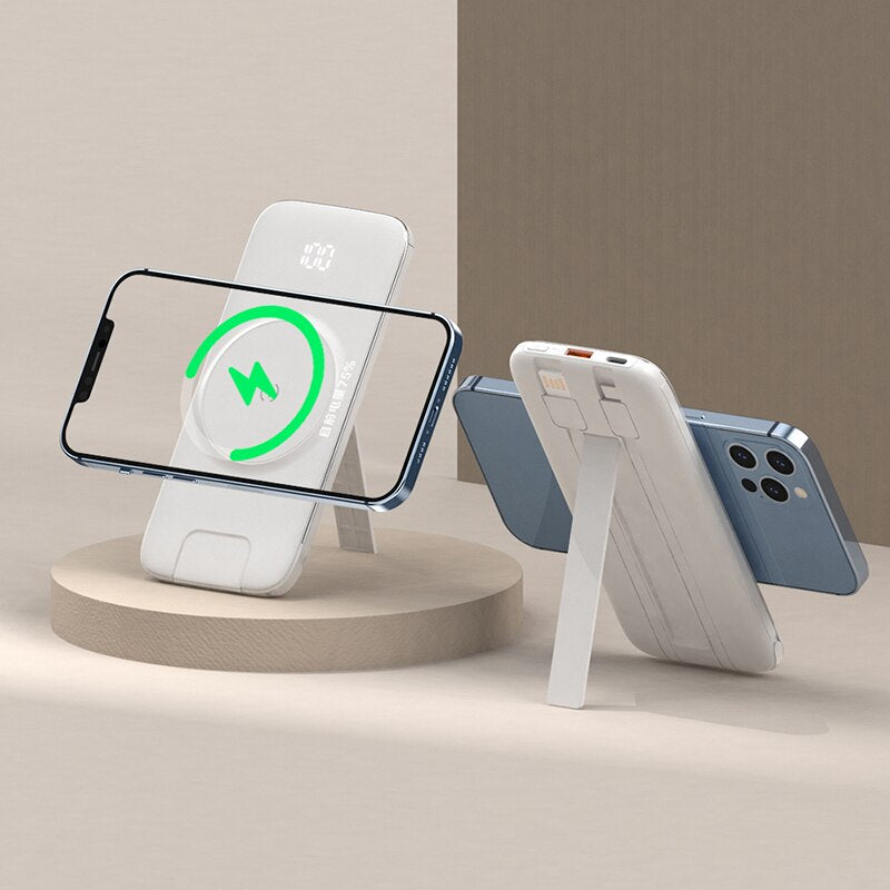 Power Bank 20000mah Fast Charging Magnetic Wireless Charging PD 20W Powerbank with Bracket Phone Holder Built in Cables