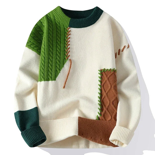 Autumn Winter Warm Mens Sweaters Fashion Turtleneck Patchwork Pullovers New Korean Streetwear Pullover Casual Men Clothing 新款韓版秋冬保暖男款時尚高領拼布毛衣