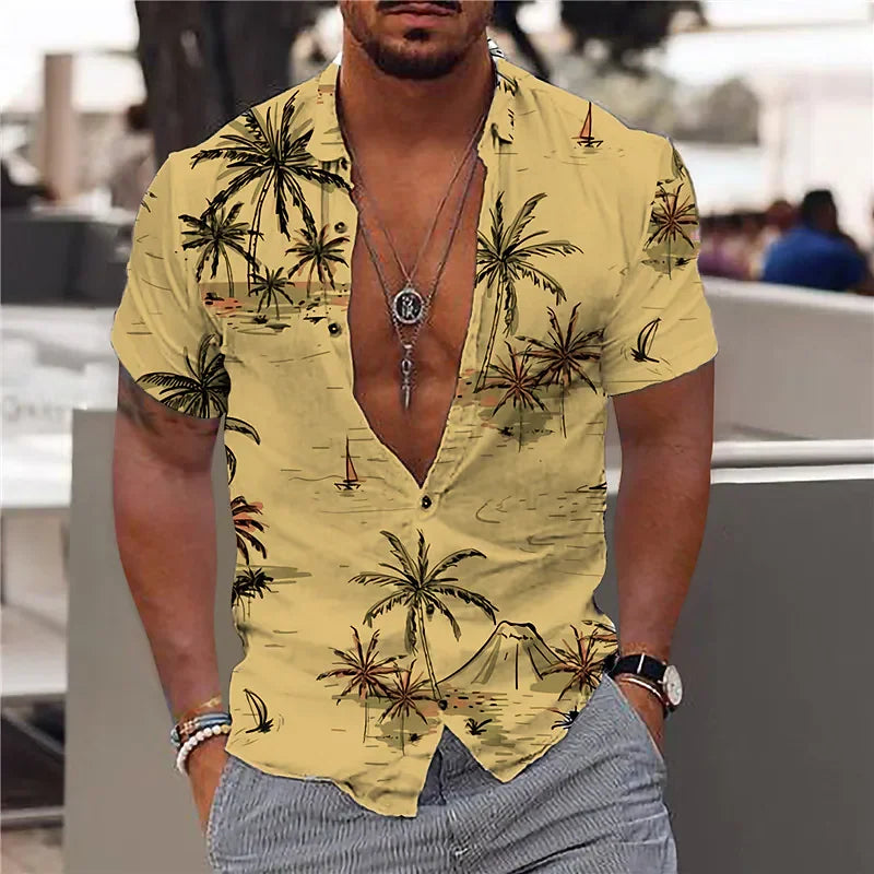 3D Coconut Tree Patterns Short Sleeve Fashion Shirts For Men 男士3D椰樹印花夏威夷襯衫