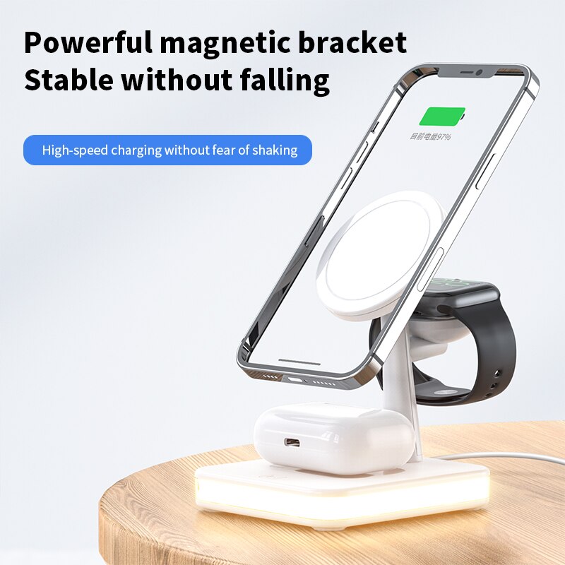 Mag-Safe Charger Stand for iPhone 12/13 14 Pro 3 in 1 Magnetic Wireless Charging Station with LED Light for Apple iWatch Airpods 3合1 磁性無線充電器支架連LED燈