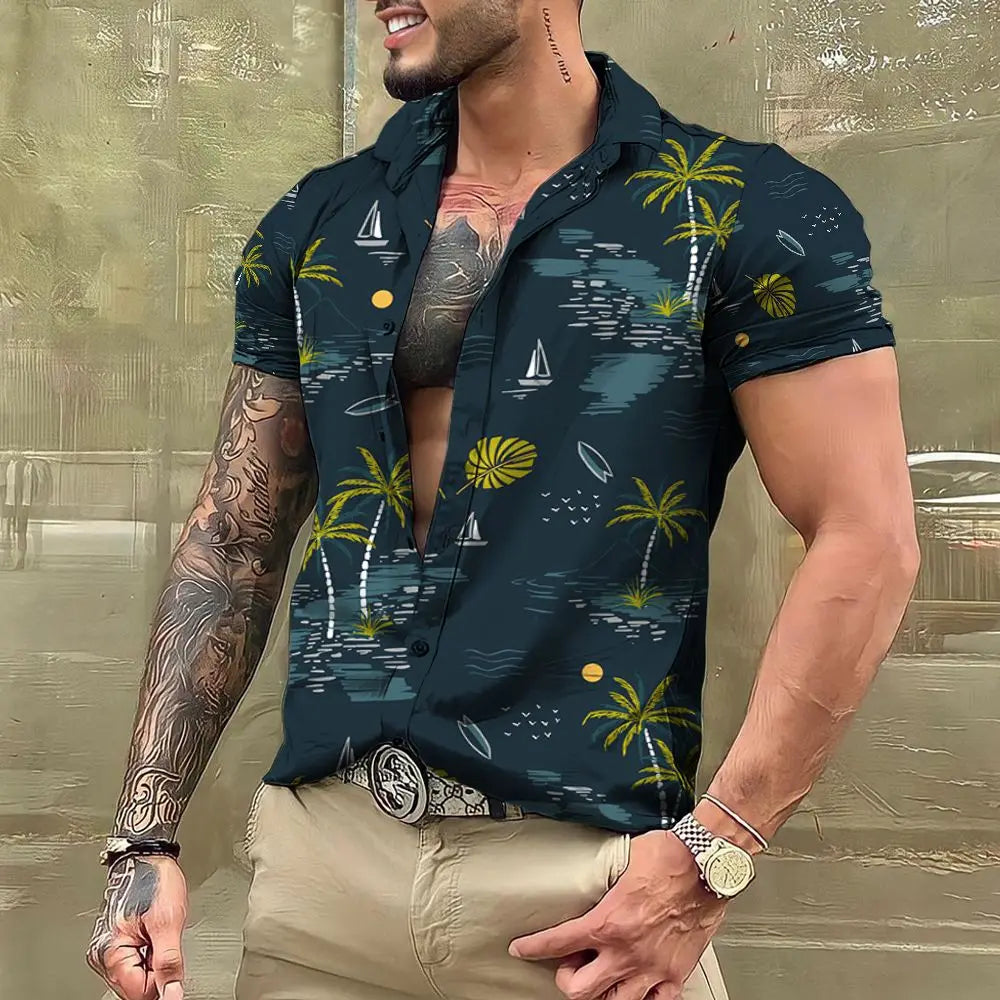 3D Coconut Tree Patterns Short Sleeve Fashion Shirts For Men 男士3D椰樹印花夏威夷襯衫